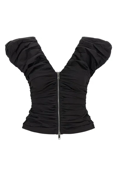 Ganni Ruched Top Featuring Puff Sleeves V Neckline In Black