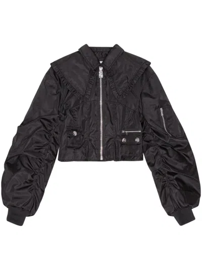 Ganni Black Ruffle Collar Bomber Jacket