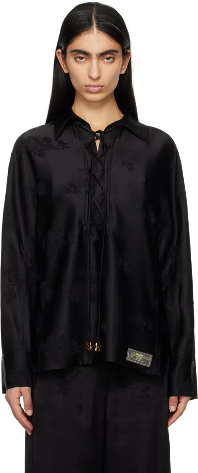 Ganni Black Satin Jacquard Tie String Shirt In 099 Black