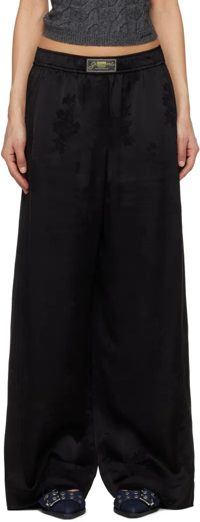 Ganni Black Satin Jacquard Trousers In 099 Black