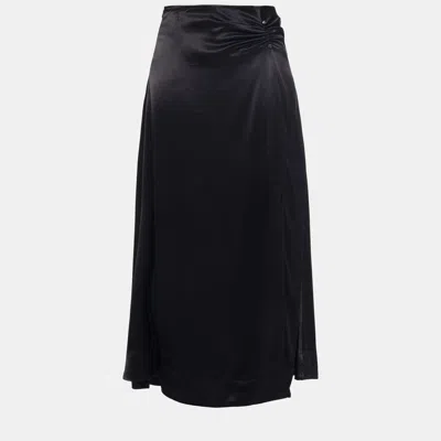 Pre-owned Ganni Black Satin Midi Skirt L (eu 40)
