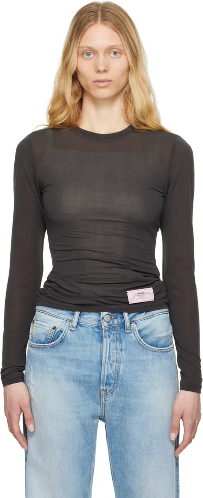 Ganni Black Sheer Mesh Jersey Long Sleeve T-shirt In 252 Phantom