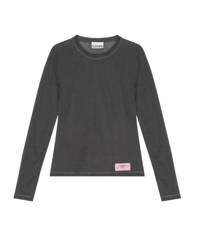 Ganni Black Sheer Mesh Jersey Long Sleeve Top In Gray