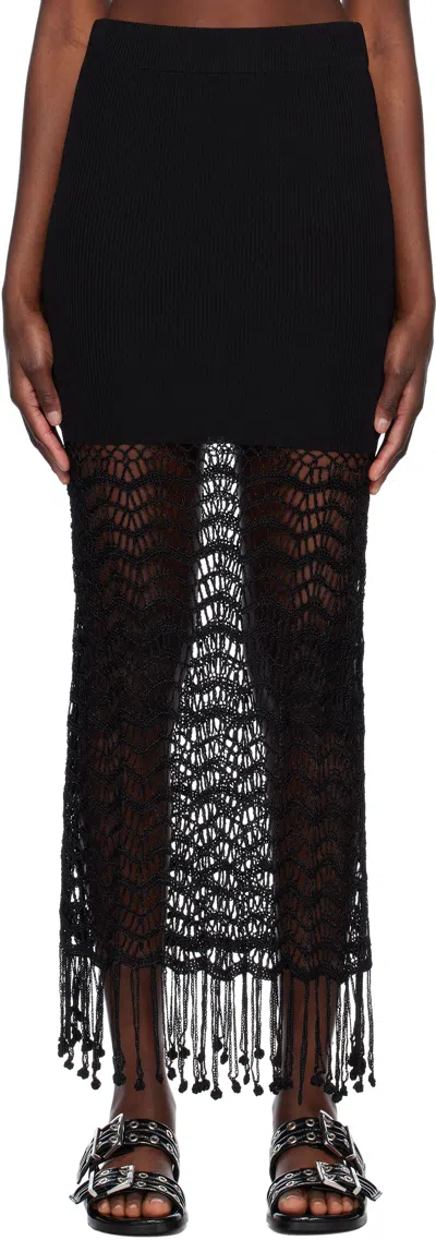 Ganni Black Shiny Crochet Maxi Skirt In 099 Black