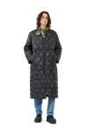 Ganni Long Sleeve Black Shiny Quilt Long Coat In Black