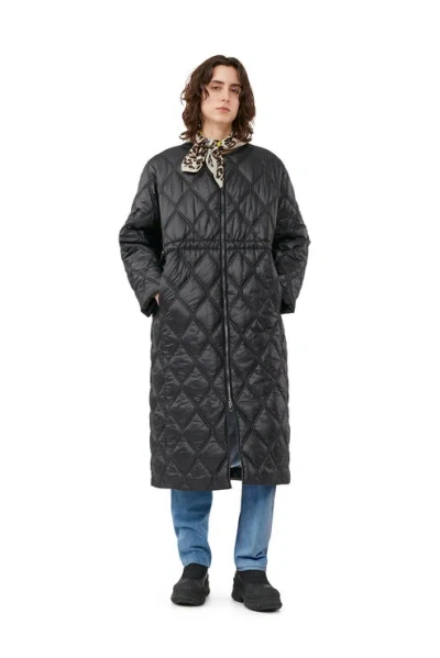 Ganni Long Sleeve Black Shiny Quilt Long Coat