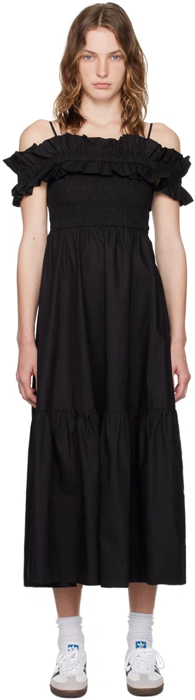 Ganni Cotton Poplin Maxi Flounce Skirt In Black