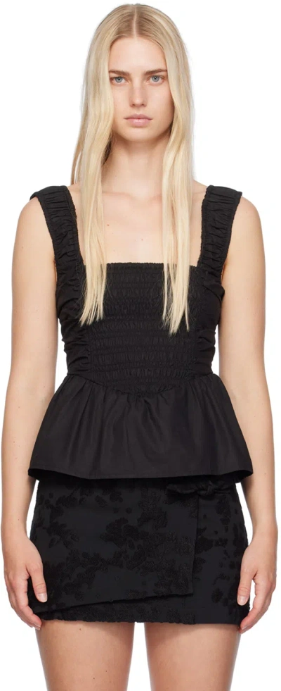 Ganni Black Shirred Tank Top In 099 Black