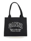 Ganni Black Shopper With Embroidered Logo On The Front In Denim Woman In Phantom