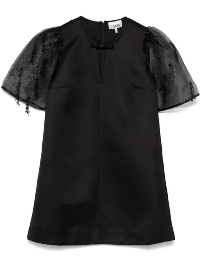Ganni Black Short Dress With Puff Sleeves