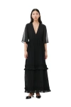 Ganni Pleated Georgette V-neck Maxi Dress In Black