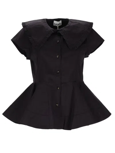 Ganni Ruffled Button Shirt In Black