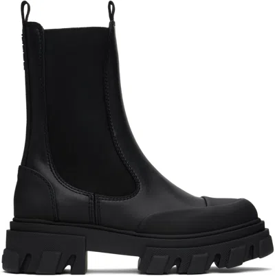 Ganni Black Stitch Cleated Mid Chelsea Boots