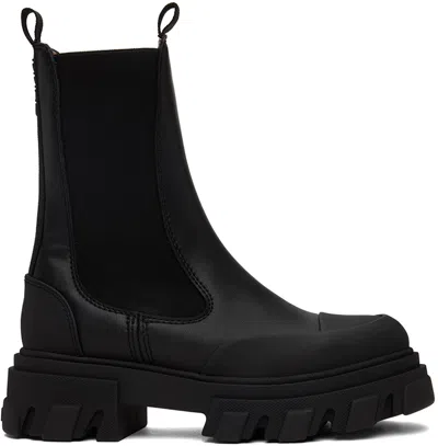 Ganni Black Stitch Cleated Mid Chelsea Boots In 099 Black