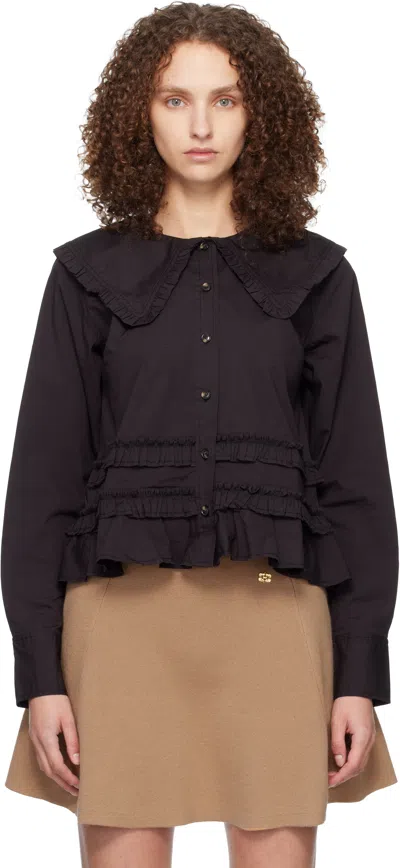 Ganni ブラック ストレッチコットン フリル シャツ In Black