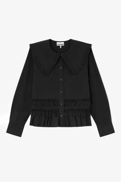 Ganni Black Stretch Cotton Ruffle Shirt - Size 32 Organic