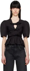 Ganni Poplin Front-tie Peplum Blouse With Puffed-sleeves In 099 Black