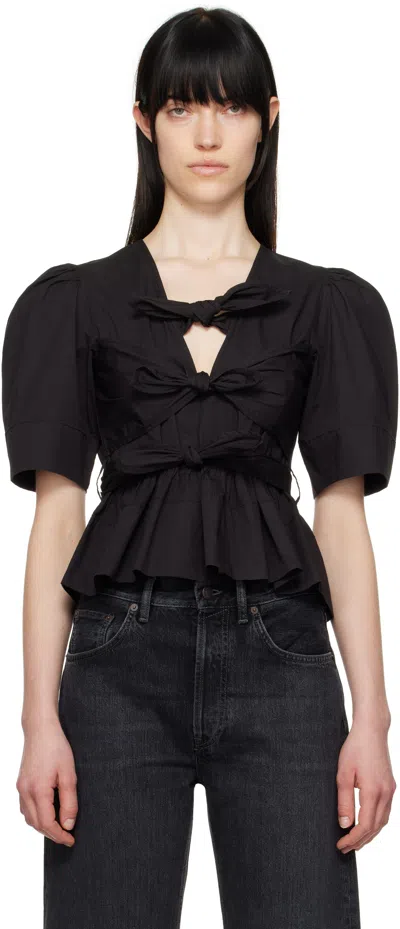 GANNI BLACK STRETCH COTTON TIE STRAP BLOUSE