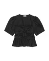 Ganni Poplin Front-tie Peplum Blouse With Puffed-sleeves In Black