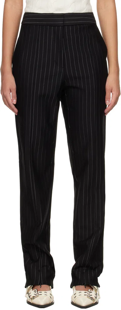 Ganni Black Stripe Mid Waist Trousers In 099 Black