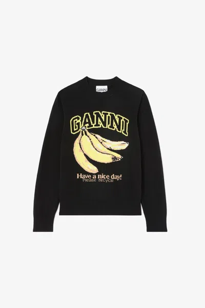 Ganni Banana-motif Intarsia-knit Sweater In Black