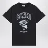 Ganni Black Crewneck T-shirt With Maxi Logo Lettering On The Front And Maxi Print On Front And Rear