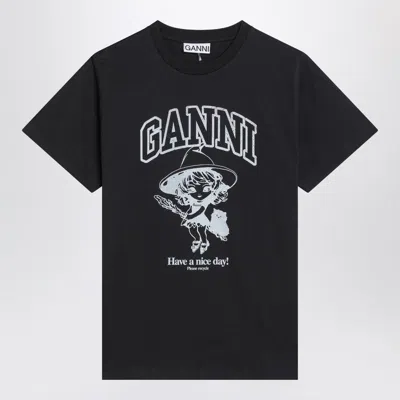 GANNI GANNI BLACK T-SHIRT WITH LOGO PRINT
