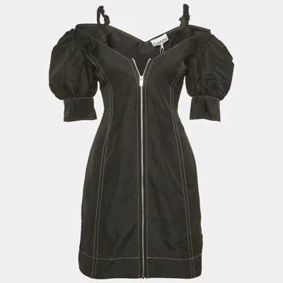 Pre-owned Ganni Black Taffeta Off Shoulder Mini Dress Xs