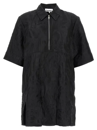 Ganni Black Textured Cloque Pleated Mini Dresses Black
