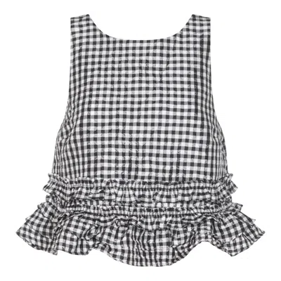 Ganni Sleeveless Checkered Ruffle Bow Tie Top In Black