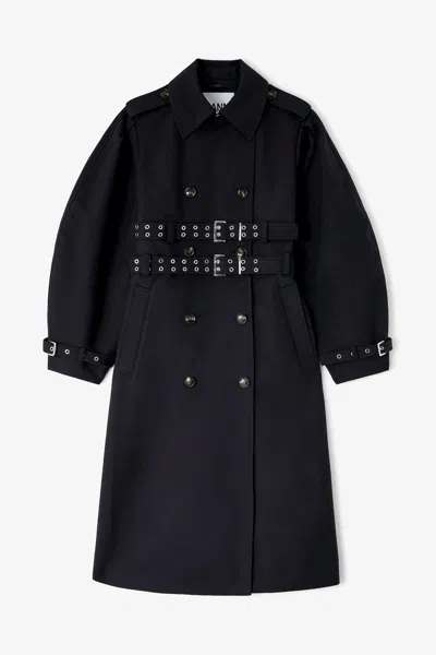 Ganni Double-belted Trench Coat In Black