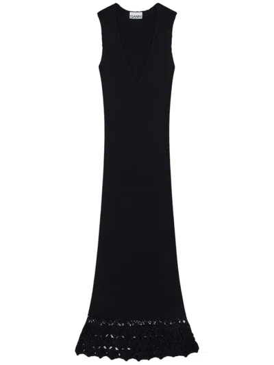 Ganni Black V Neck Maxi Dress