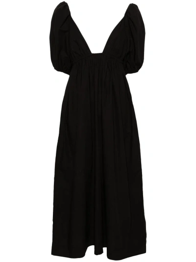 Ganni Popeline-kleid Mit V-ausschnitt In Black