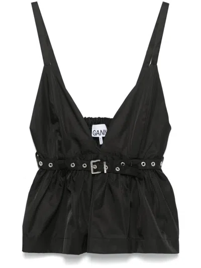 GANNI GANNI BLACK V-NECK TOP WITH A WAISTBAND UNDER THE BUST