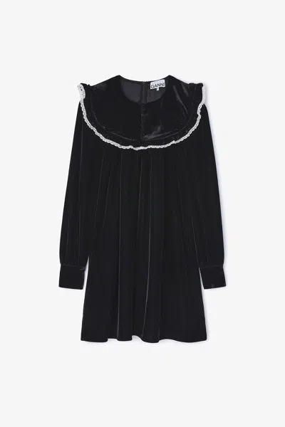 Ganni Stretch Velvet Jersey Collar Mini Dress In Black