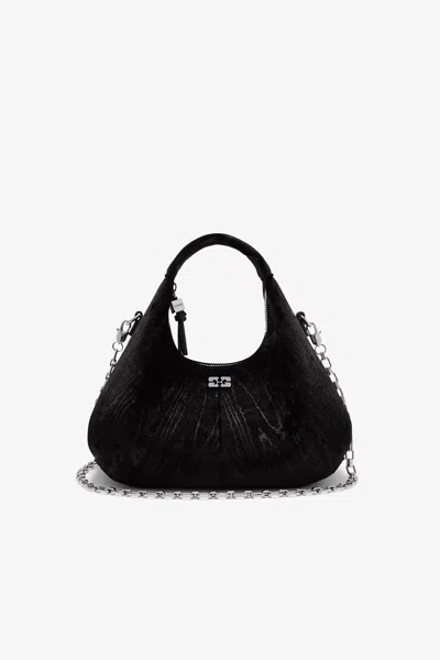 Ganni Mini Velvet-moire Shoulder Bag In Black