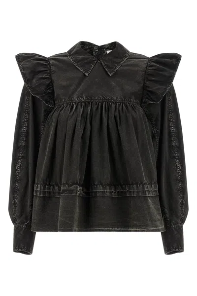Ganni Washed Blouse Frill Shoulders Pleated Front In Black