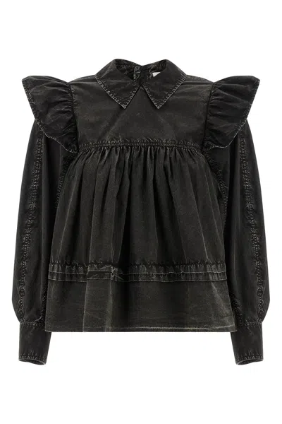 Ganni 'black Washed Frill' Blouse