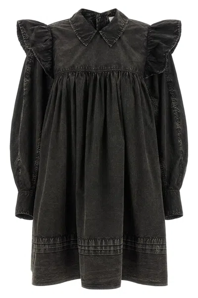 Ganni Mini Shirt Dress Button Detail Gathered Waist In Black