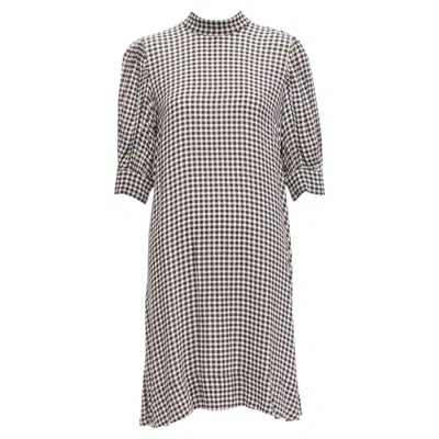 Pre-owned Ganni Black White Checkerboard Print High Neck Half Sleeve Knee Dress Fr36 S