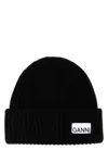 Ganni Womens Black Logo-patch Wool-blend Beanie Hat