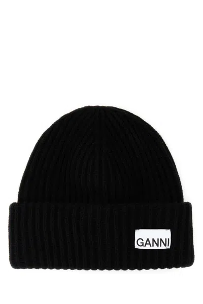 Ganni Black Wool Blend Beanie Hat
