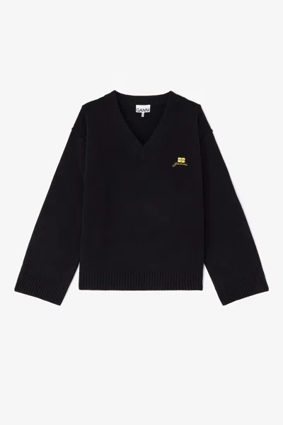Ganni Black Wool Mix V-neck Jumper - Size Xl