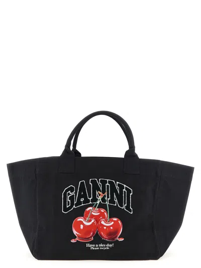 Ganni Black Xxl Cherry Tote Shopping Bag In Brown