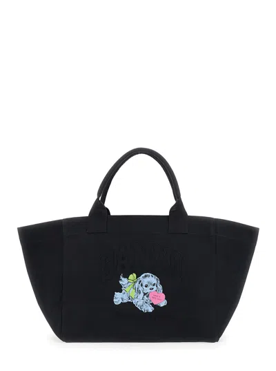 Ganni Black Xxl Shopper With Double Handles And Decoration On The Front In Cotton Woman