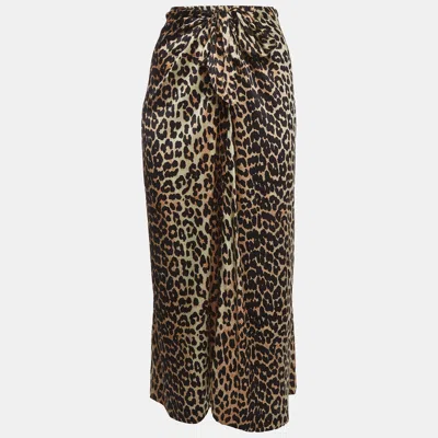 Pre-owned Ganni Black/brown Leopard Print Silk Knot Detail Skirt S