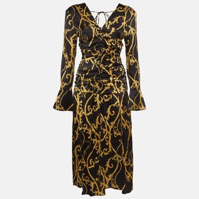 Pre-owned Ganni Black/gold Rope Print Satin Ruched Midi Dress Xs