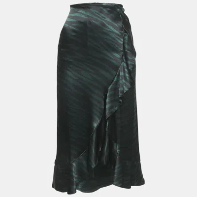 Pre-owned Ganni Black/green Animal Print Satin Ruffled Midi Skirt Xs