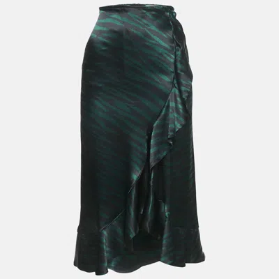 Ganni Black/green Animal Print Satin Ruffled Midi Skirt Xs