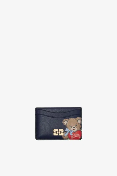 Ganni Black/iris Bou Card Holder With Bear